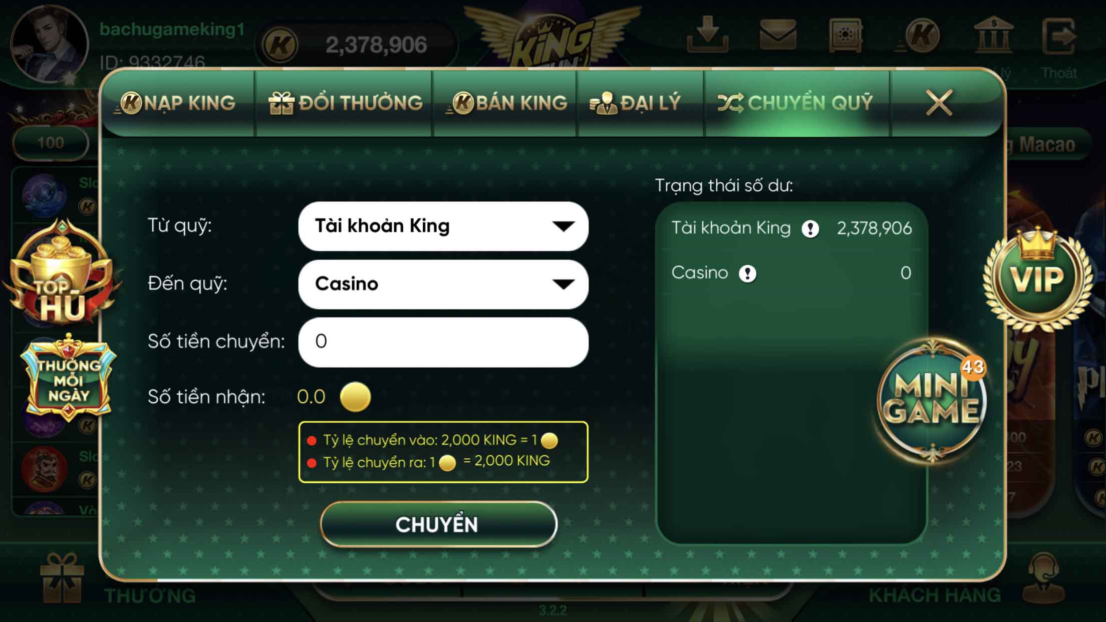 Hướng dẫn cách chuyển khoản KING tại cổng game Kingfun