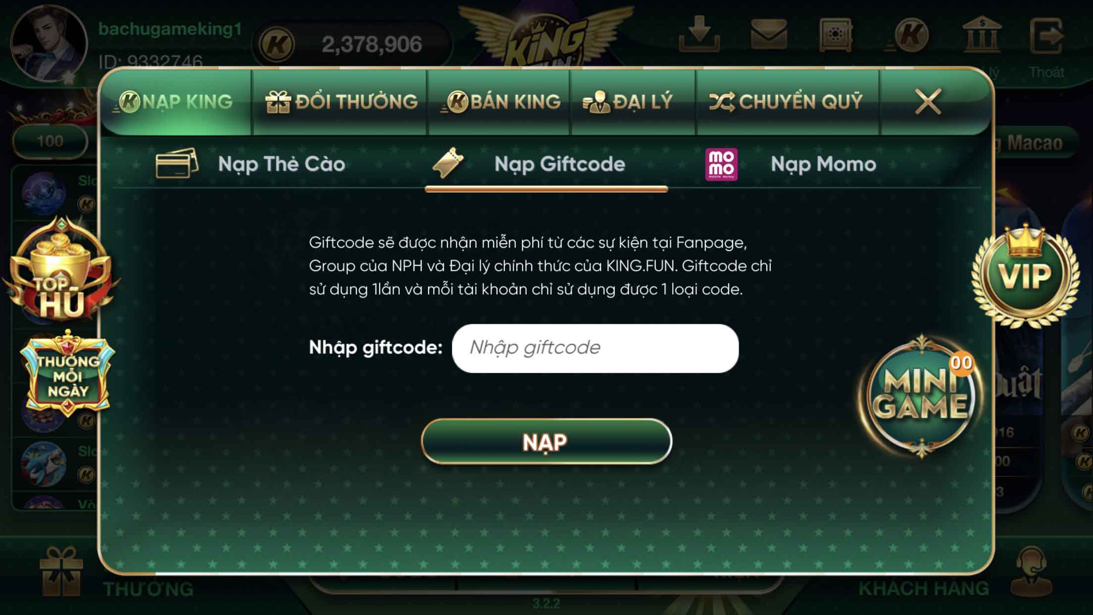 Hướng dẫn nạp đồng tiền KING tại cổng game Kingfun
